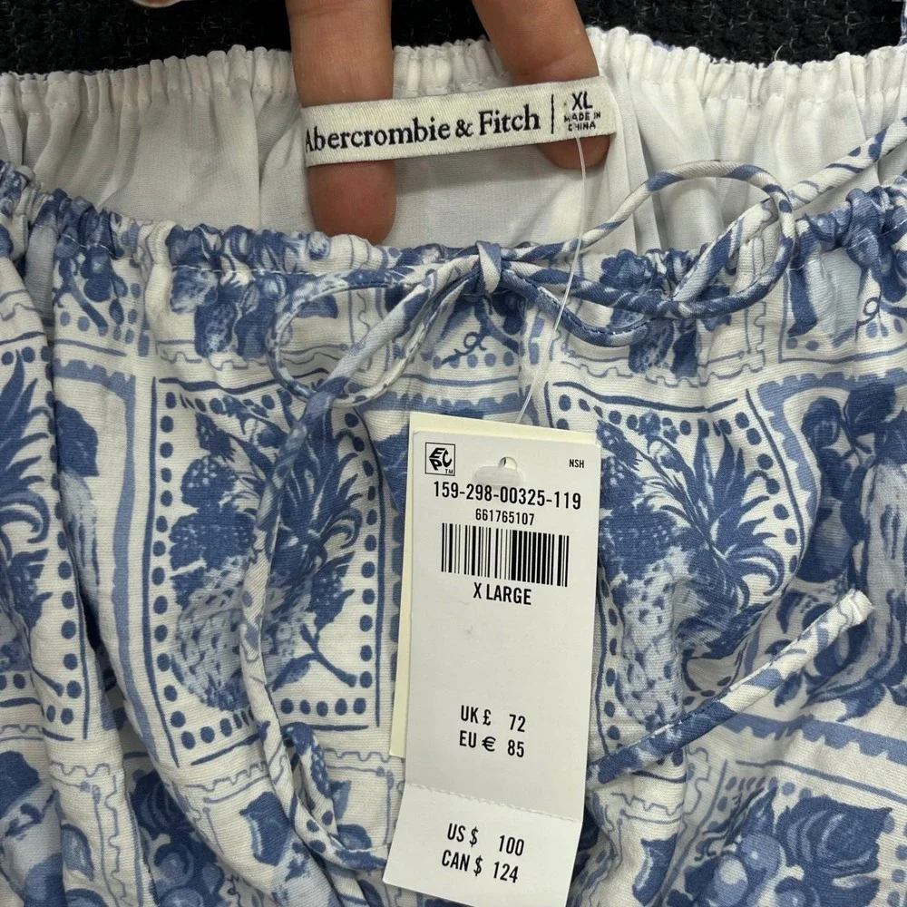 Abercrombie & Fitch Blue White Fruit Stamp Smocked Tie-Front Maxi Dress Flowy XL